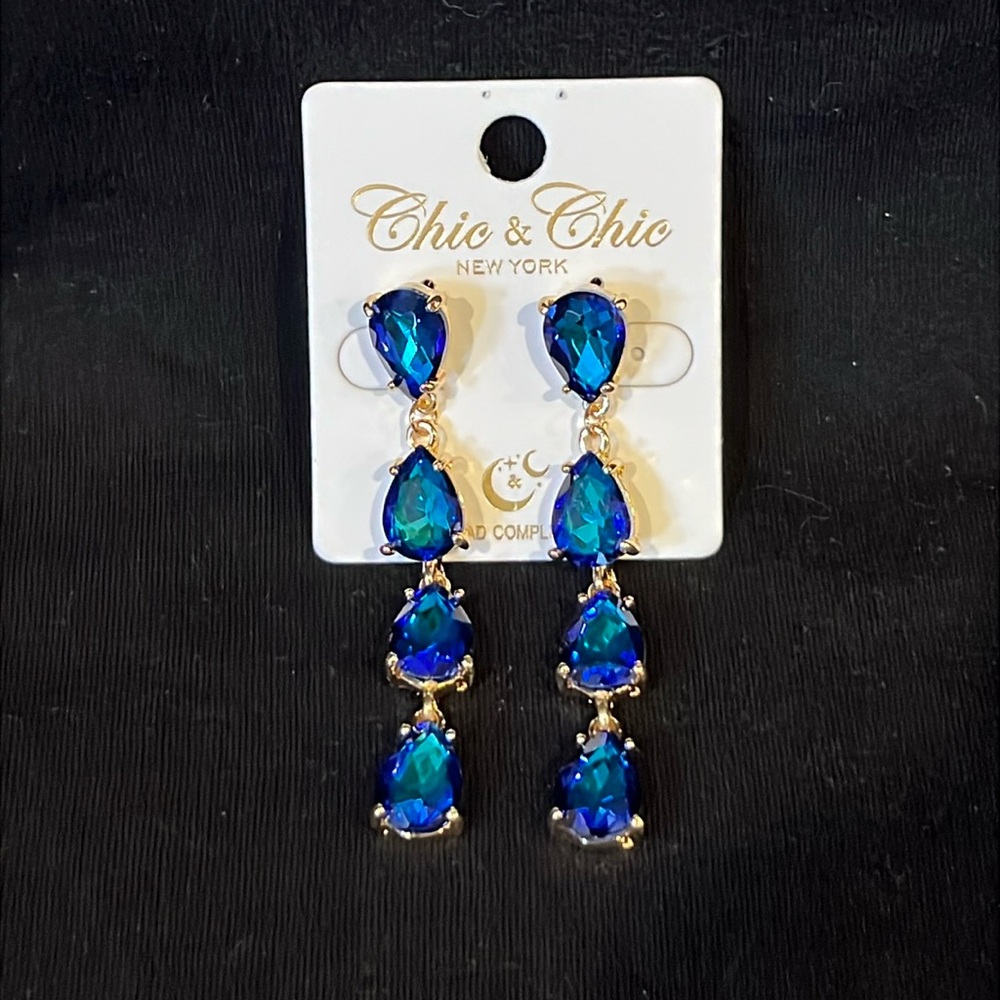 Chic & Chic New York Deep Blue Crystal Teardrop Dangle Earrings Gold Tone